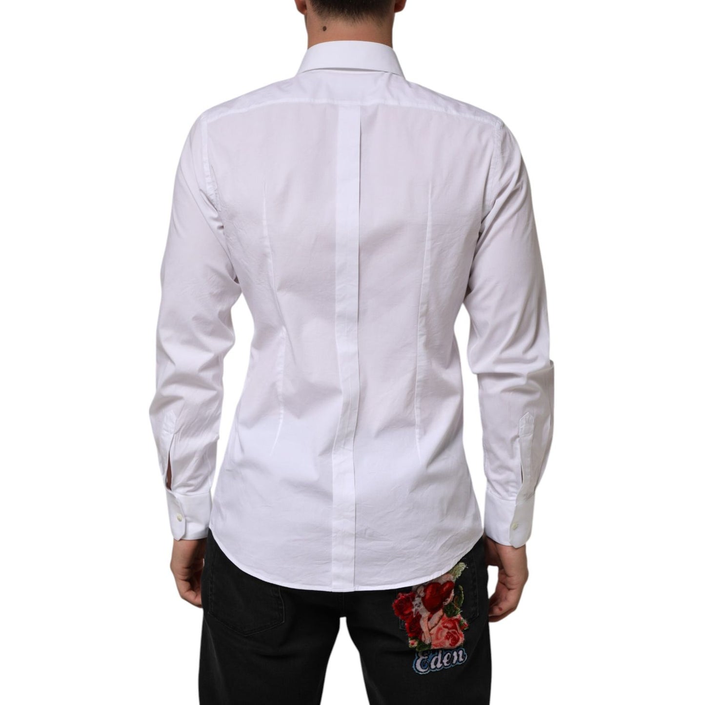 Dolce & Gabbana White Cotton GOLD Long Sleeves Formal Men Shirt rear view, ideal for upscale events.