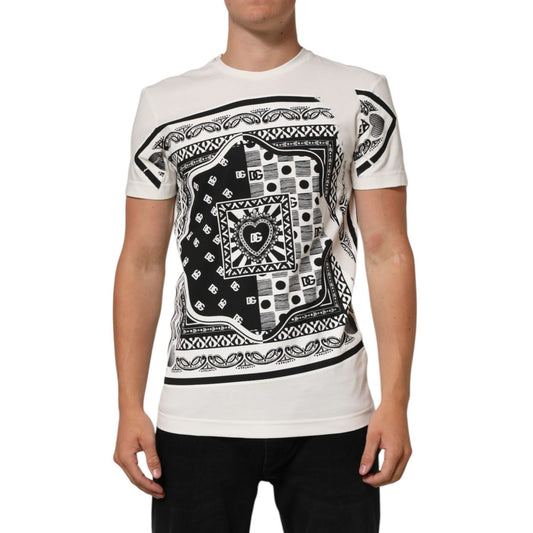Dolce & Gabbana White Cotton Logo Bandana Print Men T-shirt with short sleeves and crew neck, model wearing in front view.