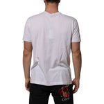 Back view of man wearing Dolce & Gabbana White Cotton Logo Patch Crew Neck Men T-shirt, showcasing fit and style.