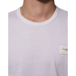 Dolce & Gabbana White Cotton Logo Patch Crew Neck Men T-shirt with chest logo patch in a close-up photo.