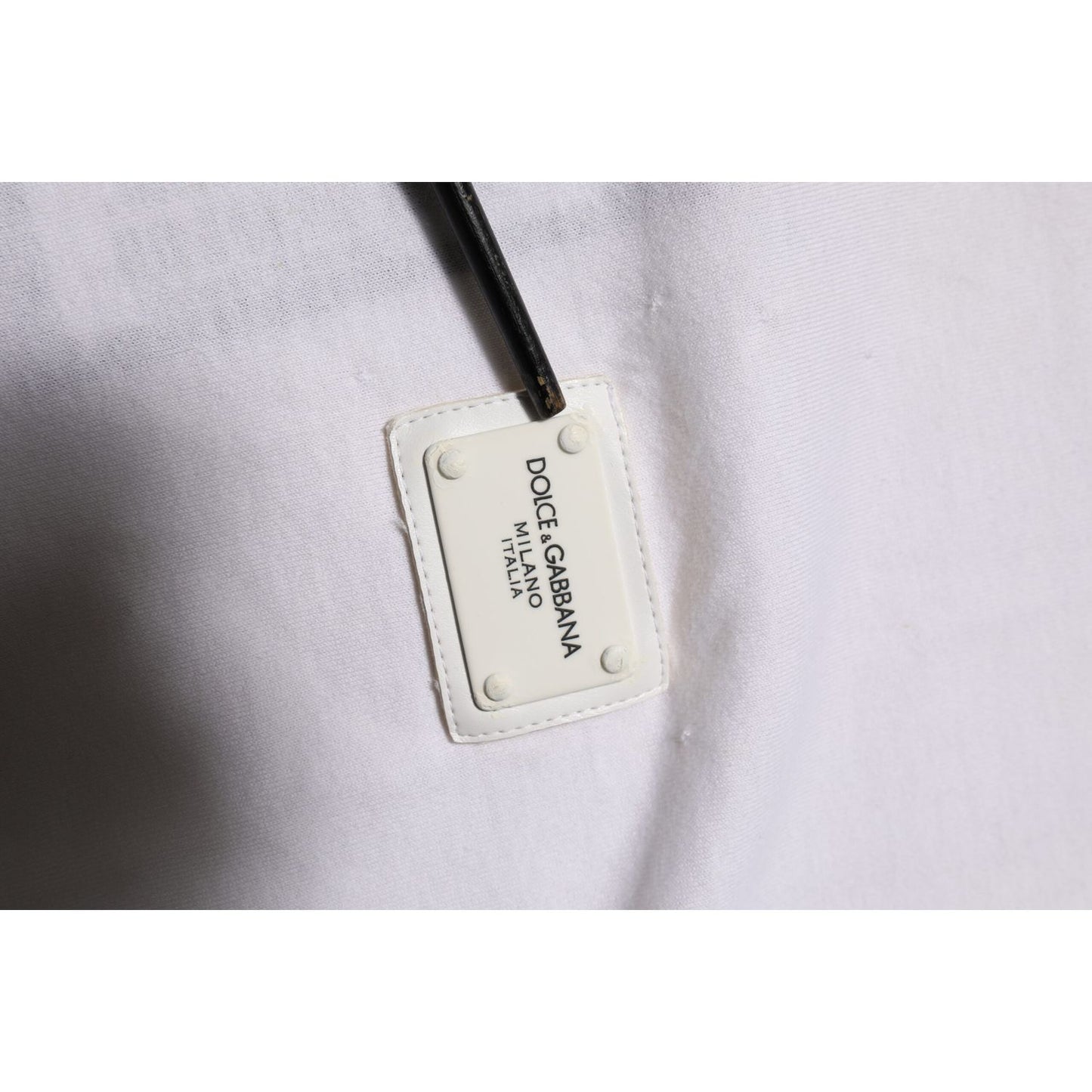 Dolce & Gabbana White Cotton Logo Patch Crew Neck Men T-shirt showing logo detail close-up image.