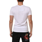 Back view of Dolce & Gabbana White Cotton Logo Patch V-neck Tee T-shirt with minor stain on the back, worn by male model.