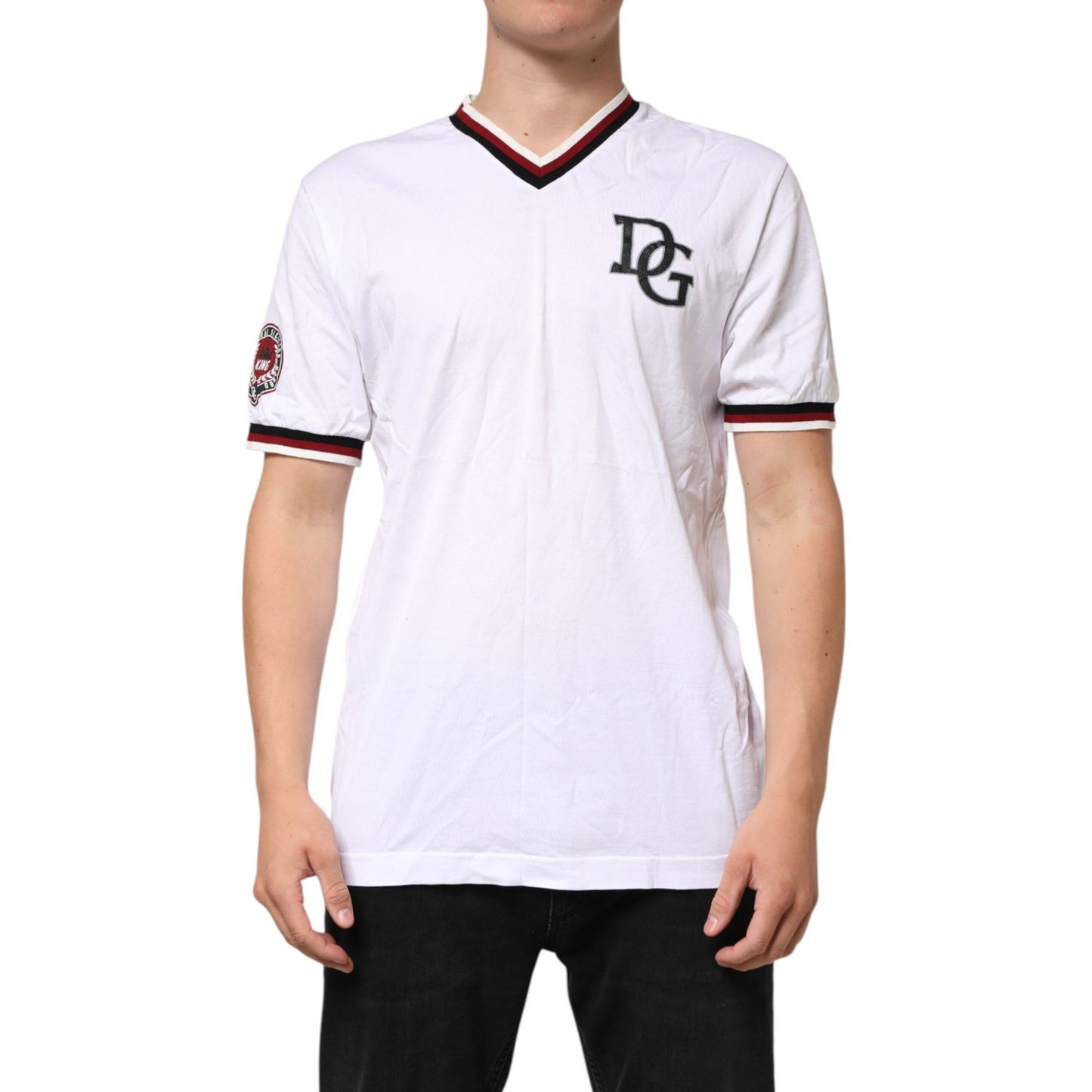 Dolce & Gabbana White #DGMillennials King Crown V-neck T-shirt in premium cotton with embroidered logo, modeled by a man.