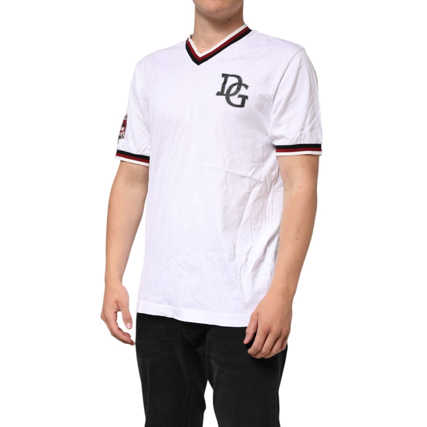 Dolce & Gabbana White #DGMillennials King Crown V-neck T-shirt with embroidered logo, model wearing in studio