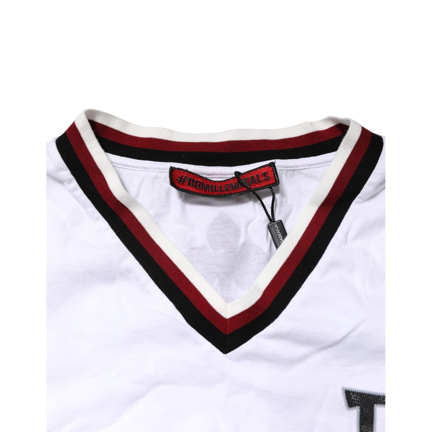 Dolce & Gabbana White #DGMillennials King Crown V-neck T-shirt showing collar and tag details.