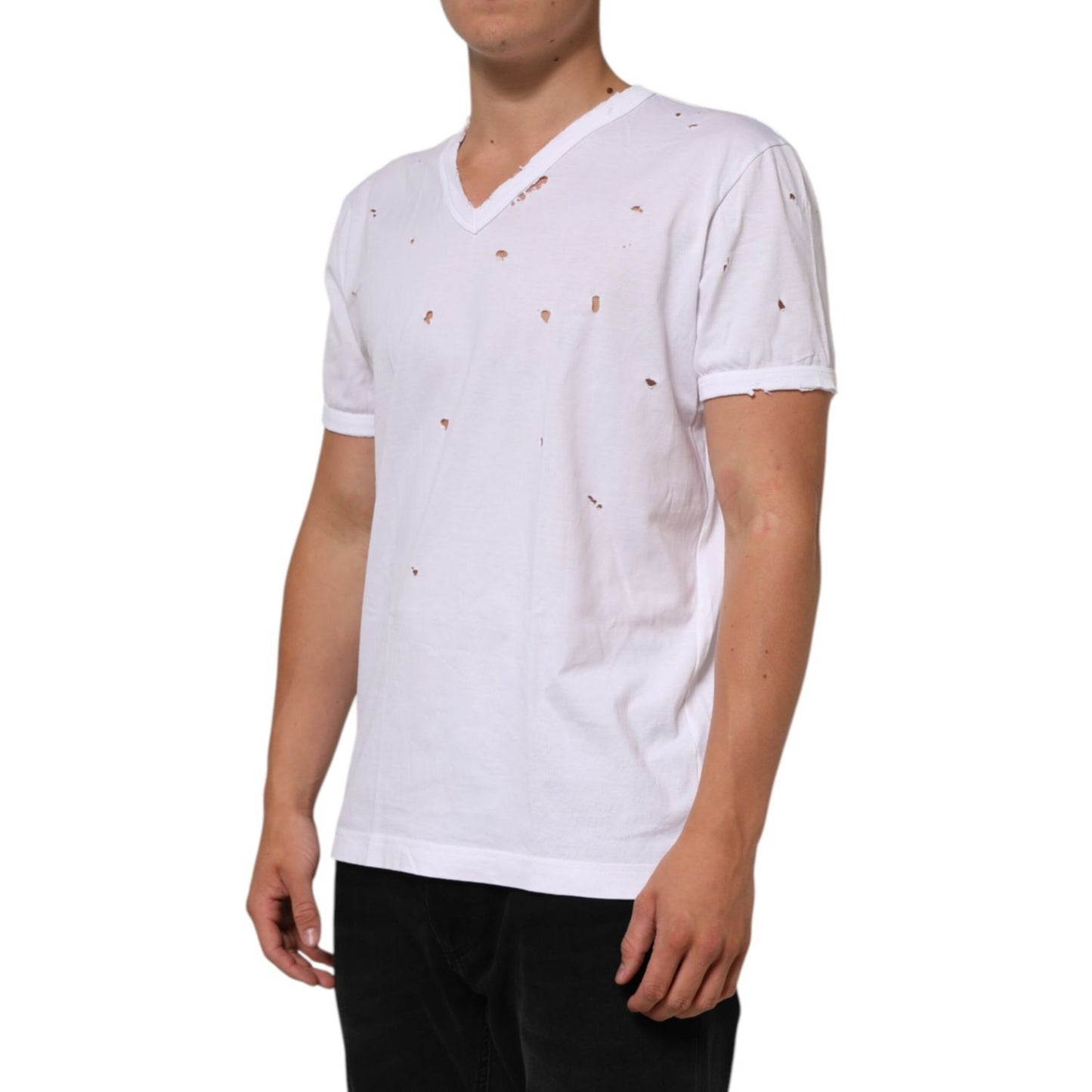 Dolce & Gabbana White Distressed Cotton V Neck Men T-shirt