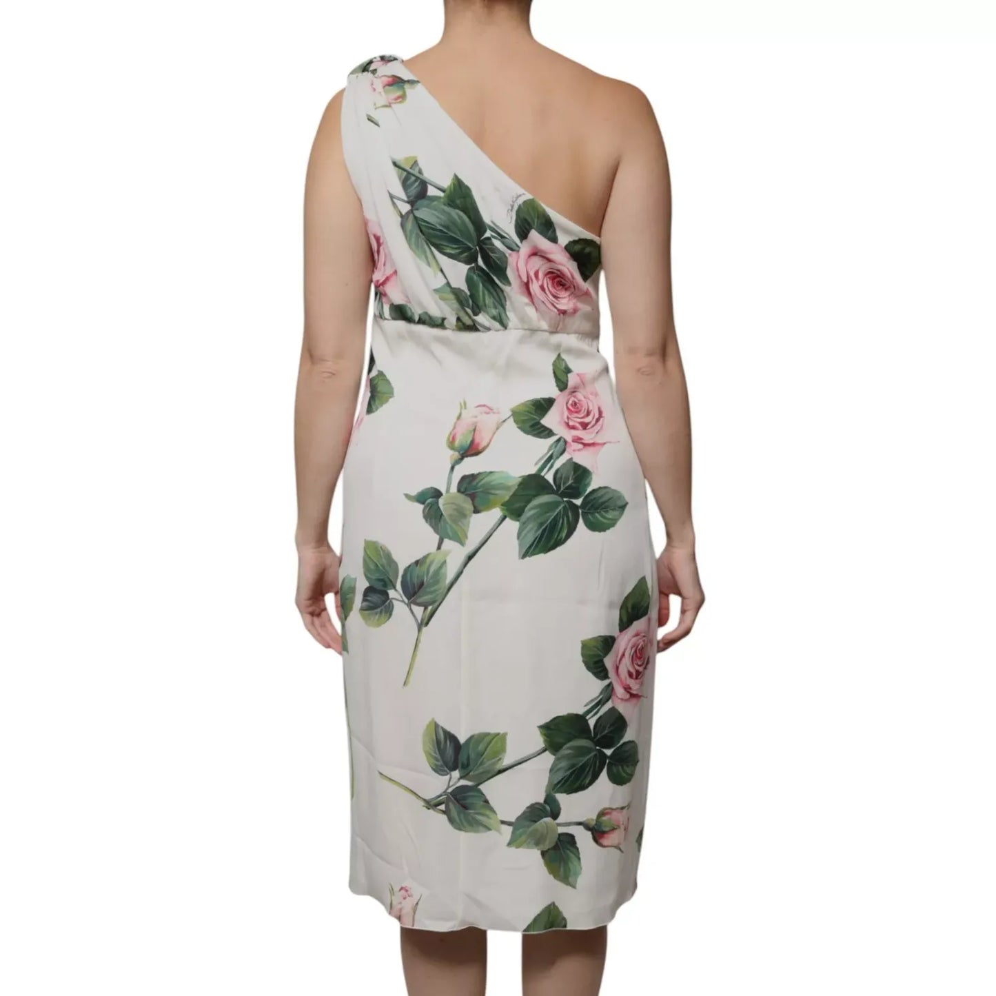 Dolce & Gabbana White Floral Silk One Shoulder Midi Dress