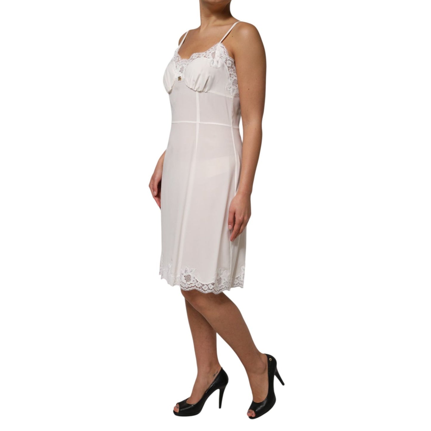 Dolce & Gabbana White Lace Gold DG Logo Silk Dress Sleepwear