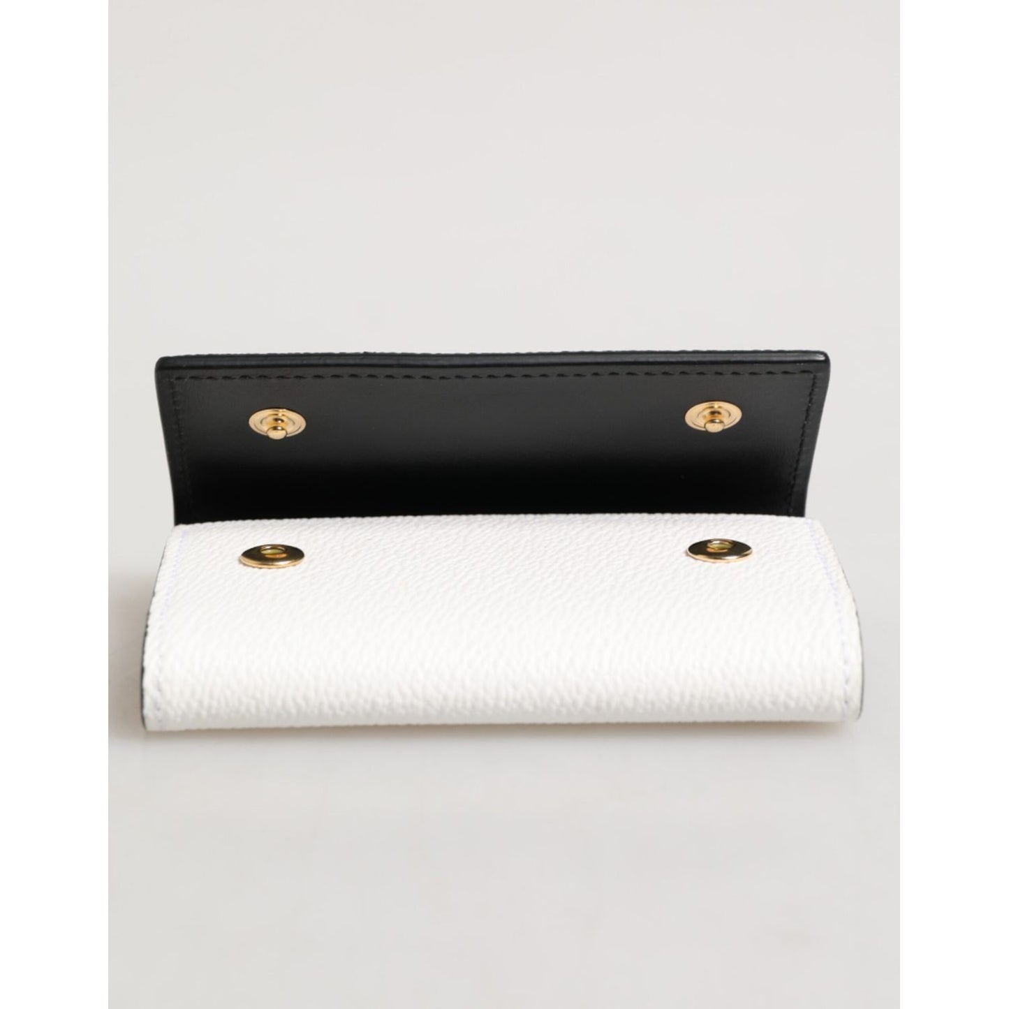 Dolce & Gabbana White Leather Card Case Holder Wallet Gold Logo Plate Key Holder