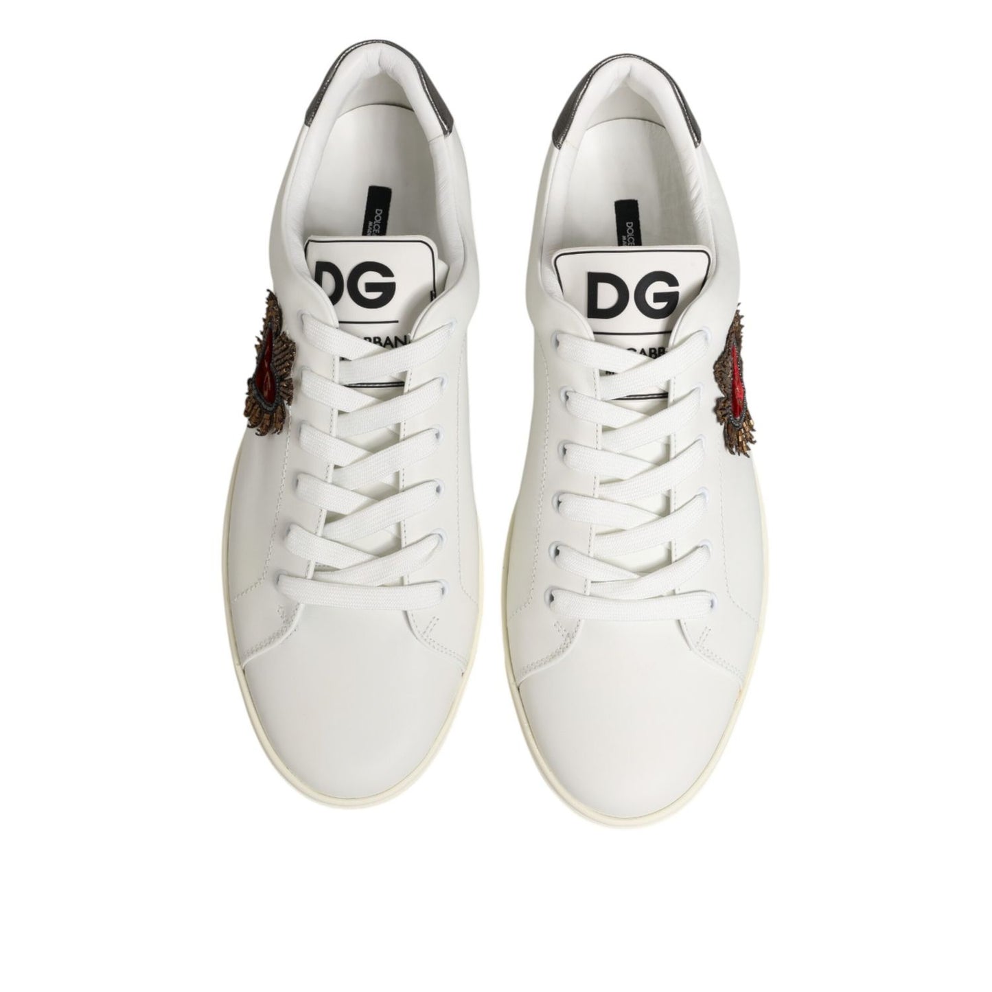Dolce & Gabbana White Leather Heart Embellished Sneakers Shoes, luxury low-top sneakers with premium calf leather, Italian craftsmanship