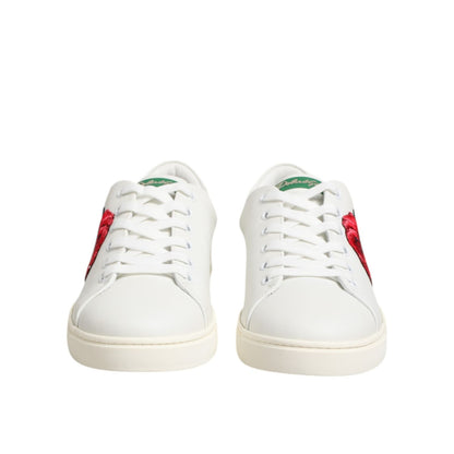 Dolce & Gabbana White Leather Rose Embroidery Low-Top Shoes