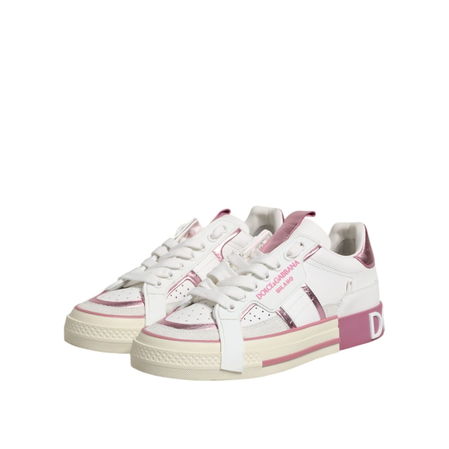 Dolce & Gabbana White Pink Leather Low Top Sneakers Shoes