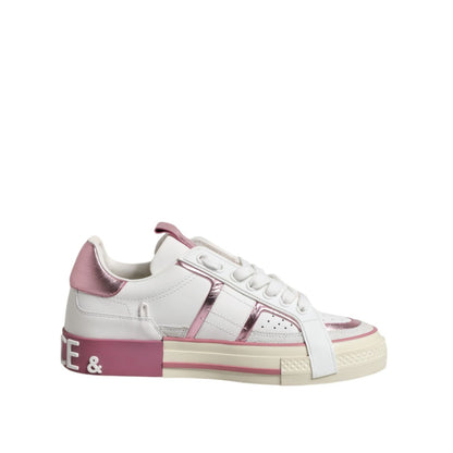 Dolce & Gabbana White Pink Leather Low Top Sneakers Shoes