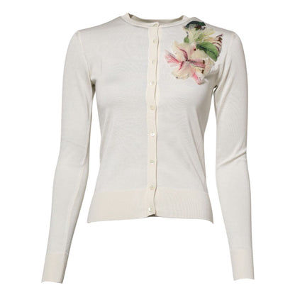 Dolce & Gabbana White Silk Lily Embellished Cardigan Sweater