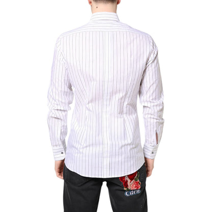 Dolce & Gabbana White Stripes Cotton GOLD Formal Dress Shirt with classic neck and button closure, back view.