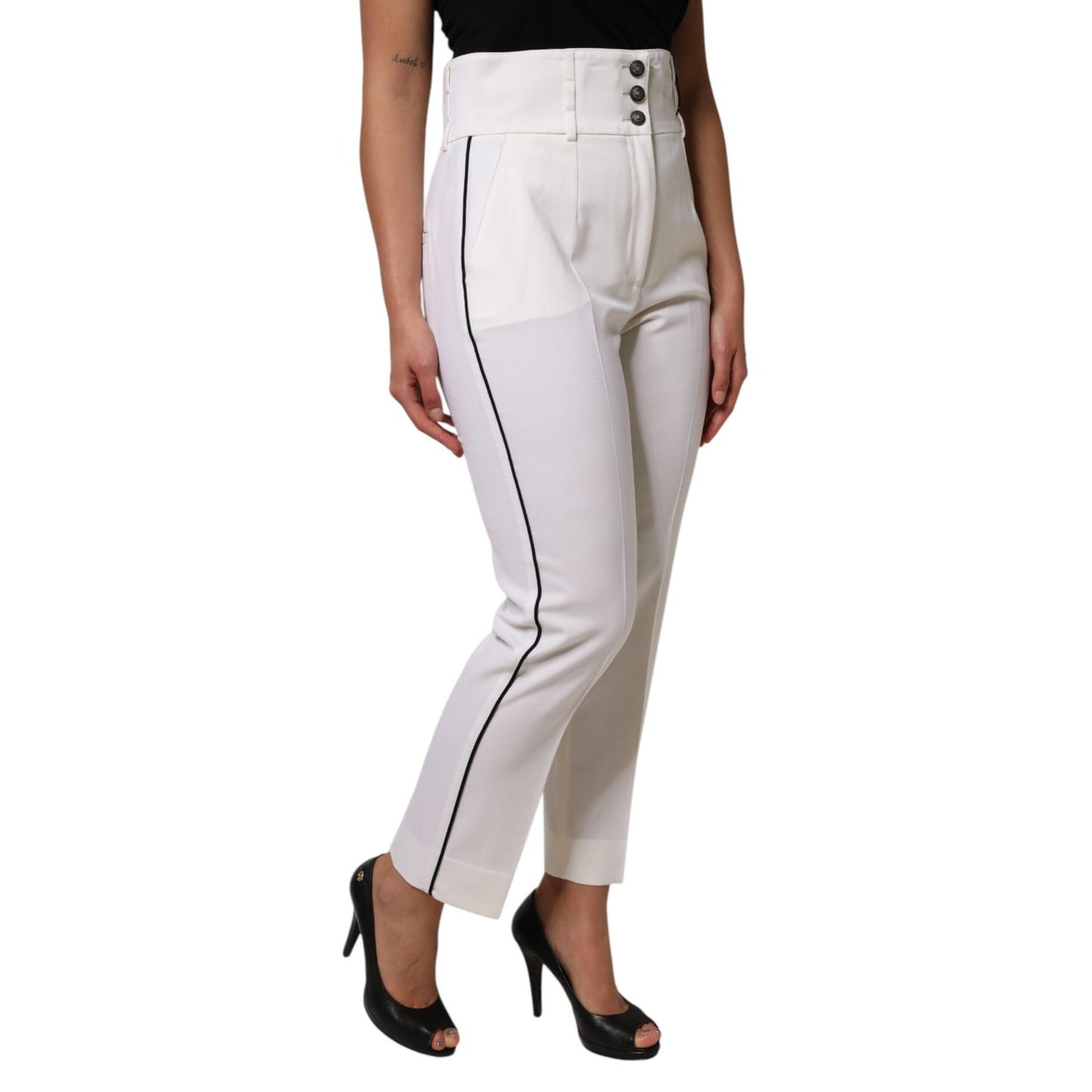 Dolce & Gabbana White Wool High Waist Tapered Pants