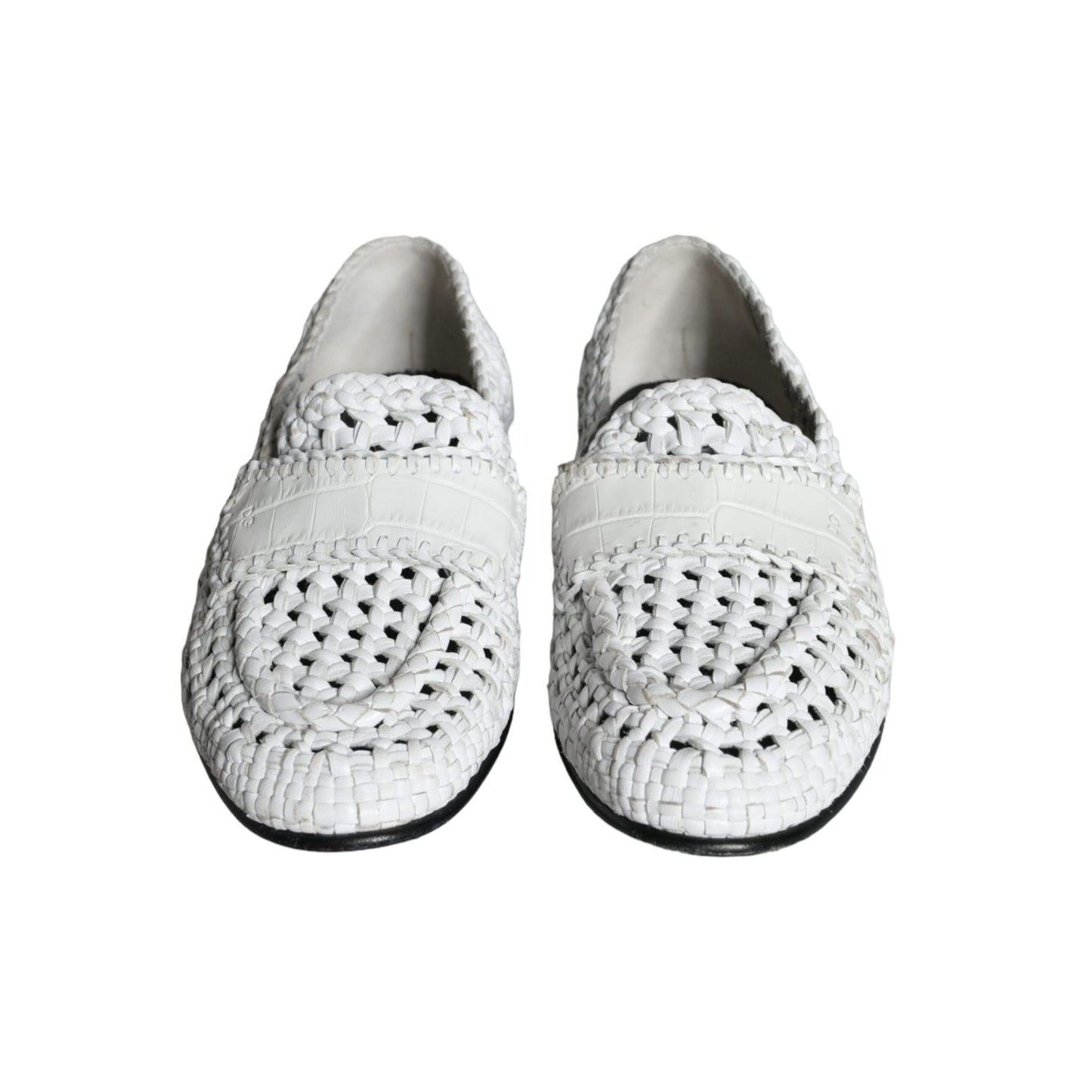 Dolce & Gabbana White Woven Leather Slip On Loafers Men Shoes, preowned, authentic, high craftsmanship, minor wear, front view.