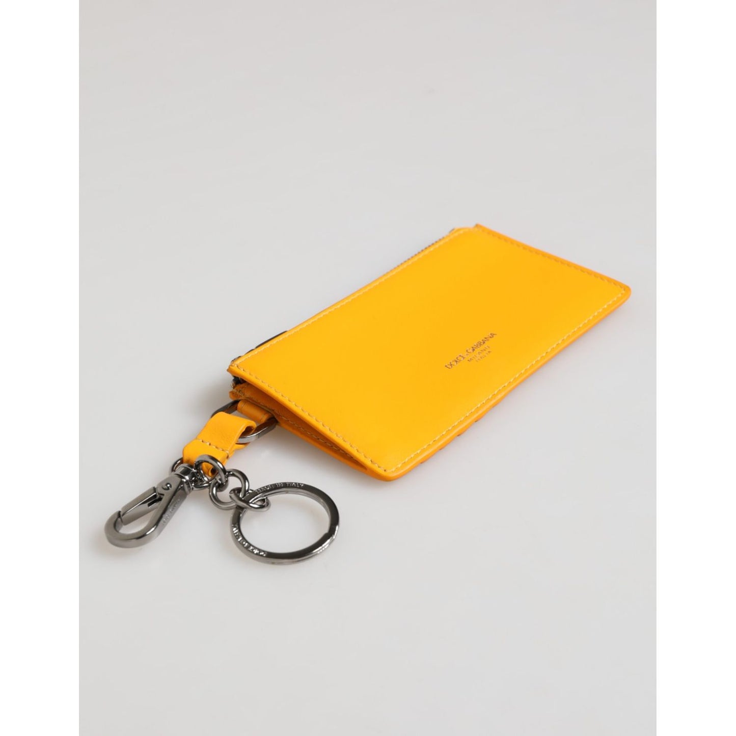 Dolce & Gabbana Yellow Orange Leather Credit Card Key Holder Clip On Wallet with clip-on key holder and zipper closure, made in Italy.