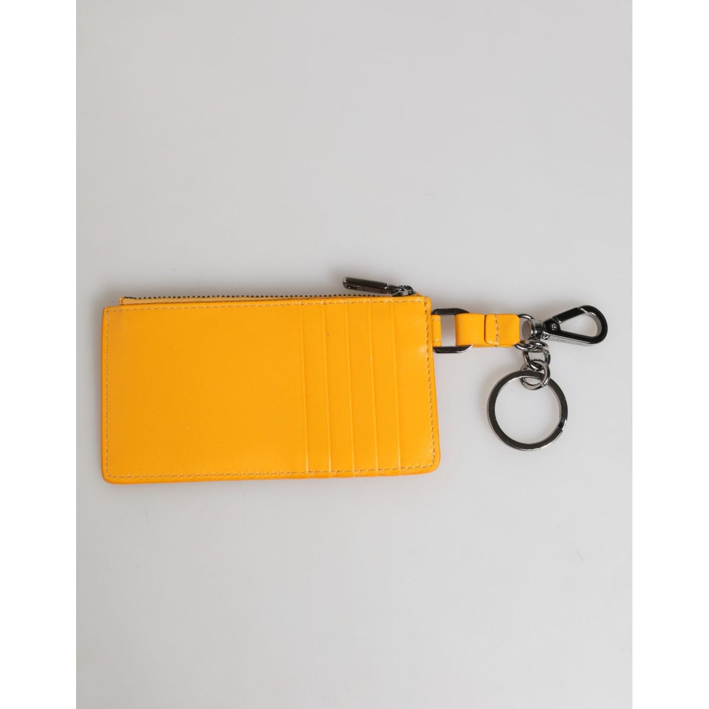 Dolce & Gabbana Yellow Orange Leather Credit Card Key Holder Clip On Wallet with zipper closure and logo details, made in Italy.