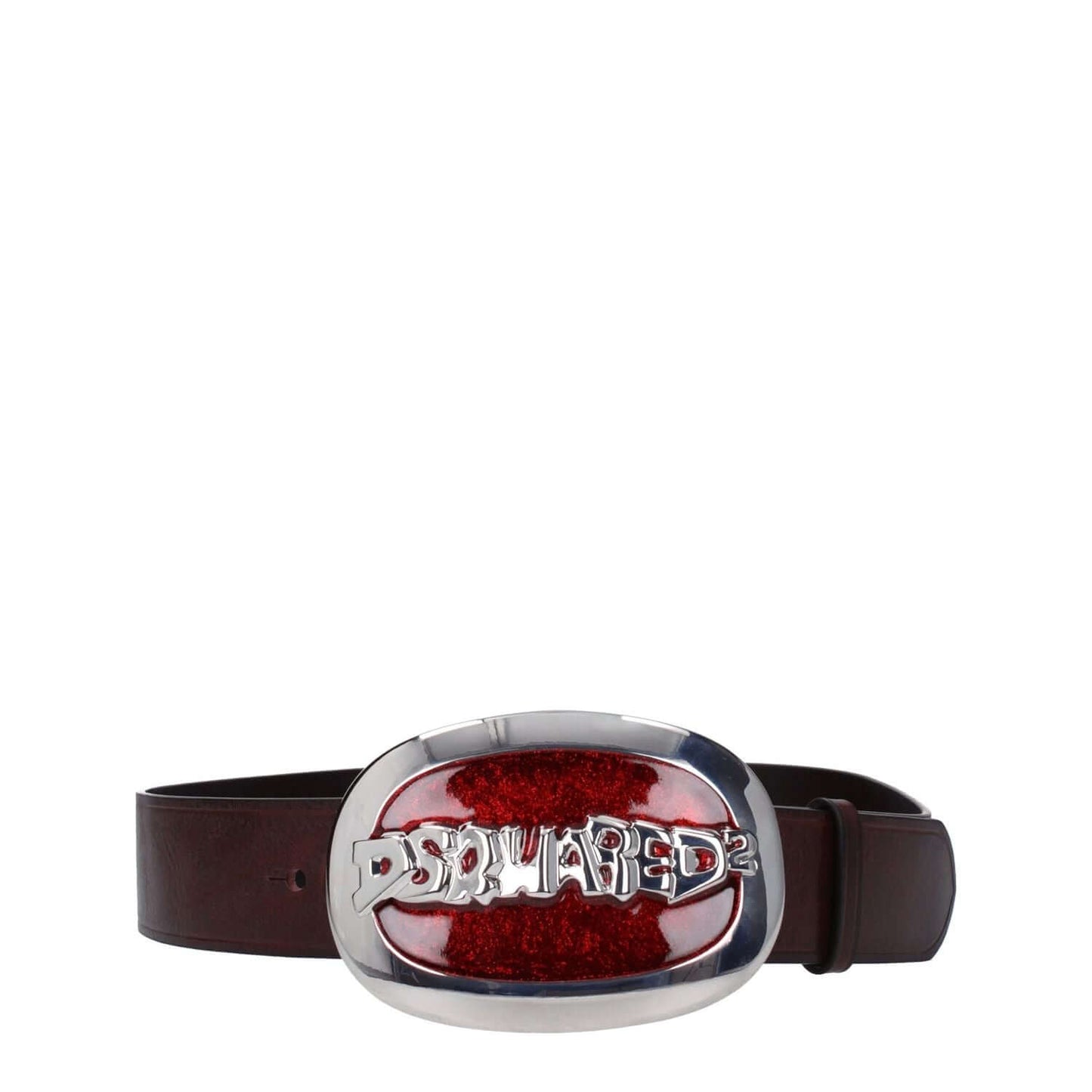 Dsquared² Brown Leather Regular Belt with vintage effect, silver logo, red detailing, and 4.3 cm height, hook closure.