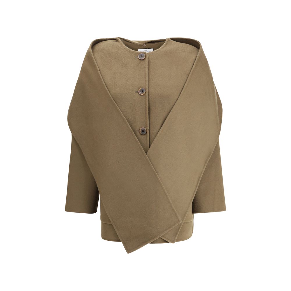 Dynamis Studio Brown Wool Coat with removable scarf, crew neck, button closure, and front patch pockets. Oversize fit for AW25.