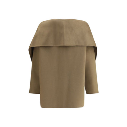 Back view of Dynamis Studio Brown Wool Coat with removable scarf panel, button closure, and pockets, showcasing its elegant design.