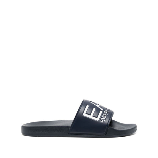 EA7 Sandals Blue with navy debossed logo and rubber sole, featuring platform of 1.2 in / 3 cm, ideal logo pool slides.