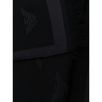 Detail of Emporio Armani Allover logo wool scarf in black/anthracite grey, knitted construction with embroidered logo and frayed edge.
