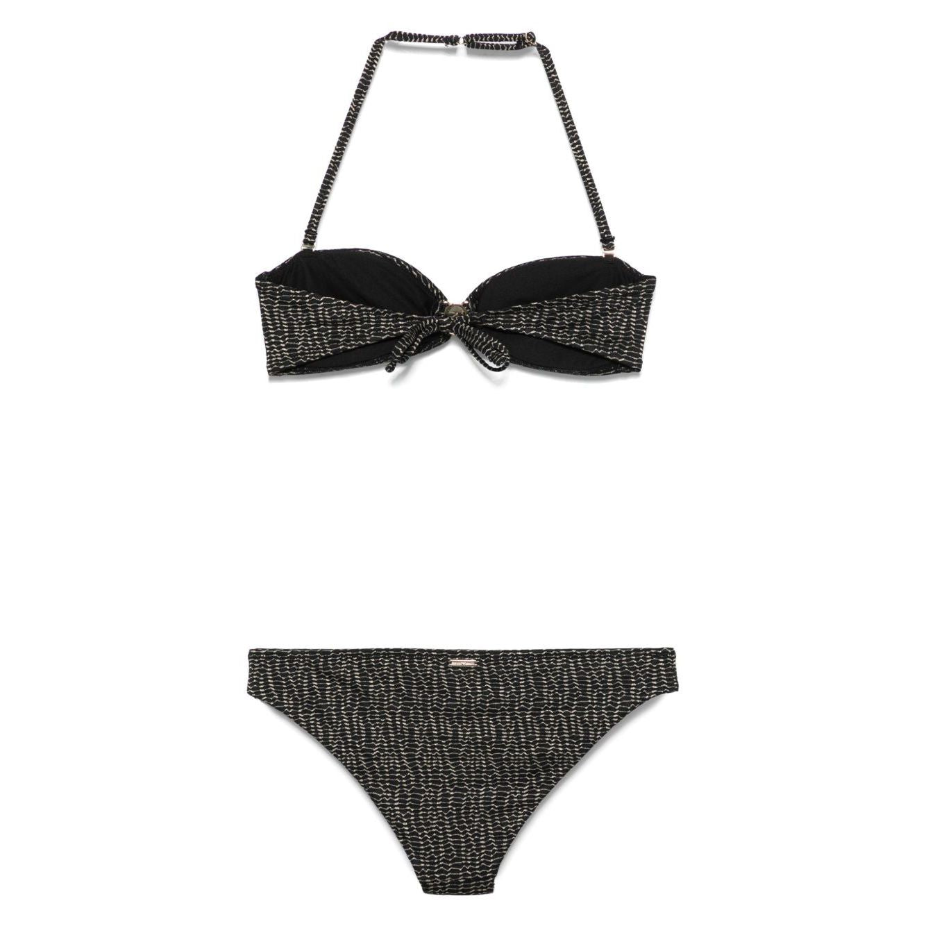 Emporio Armani Sea clothing Black bikini set with tie-fastening straps and removable pads, featuring allover logo print with detachable shoulder strap.