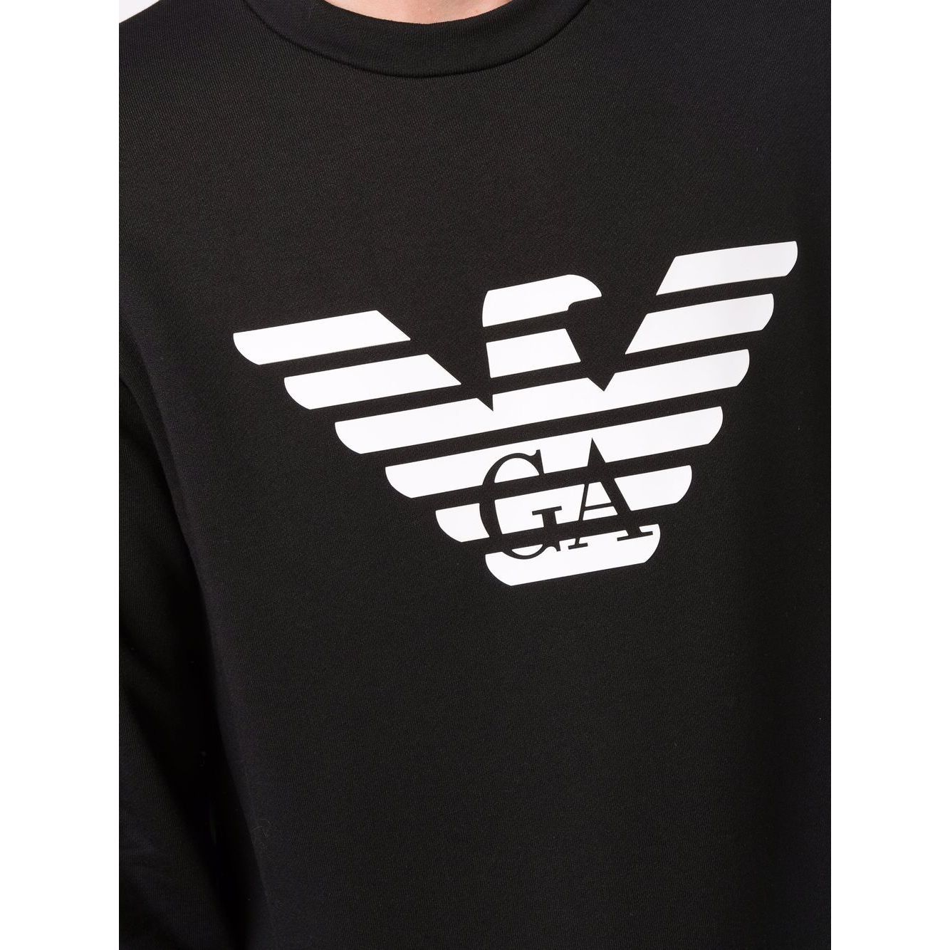 Emporio Armani Sweaters Black with logo print on chest, black cotton-modal blend, crew neck, long sleeves, straight hem sweatshirt.