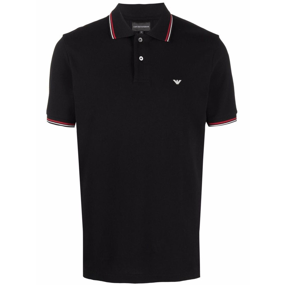 Emporio Armani T-shirts and Polos Black cotton with logo print, classic collar, short sleeves, and straight hem.