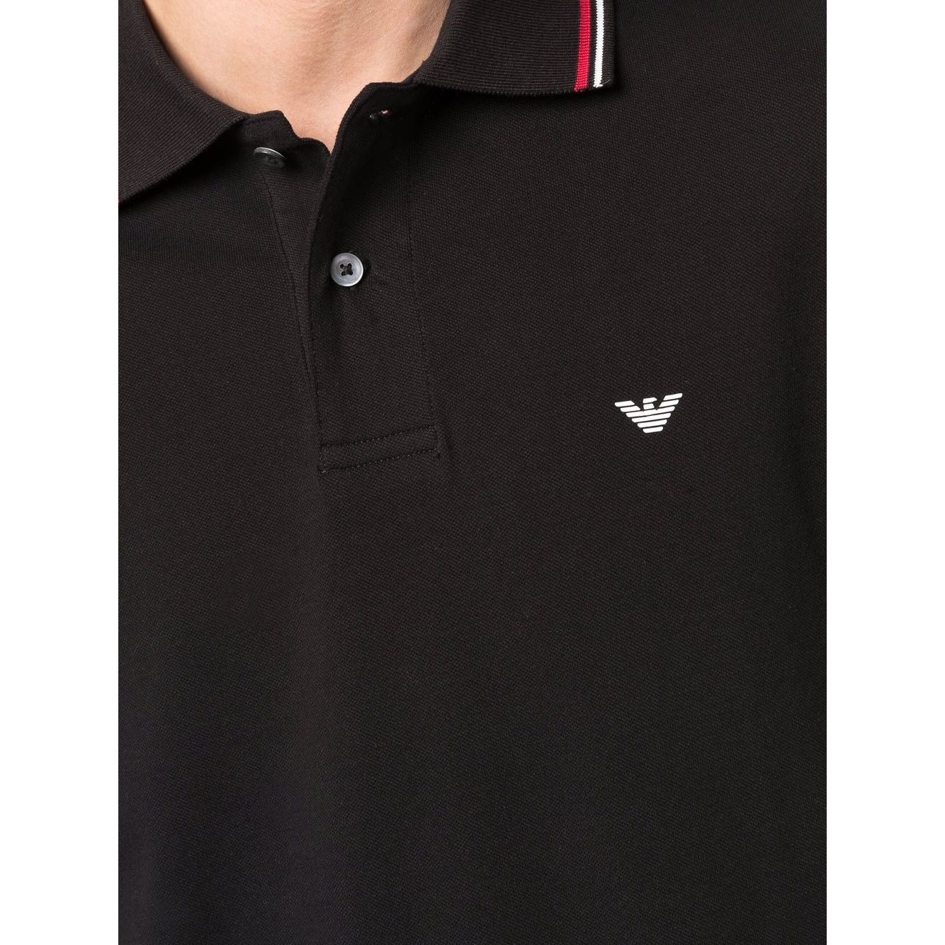 Emporio Armani T-shirts and Polos Black with logo print, classic collar, front button placket, short sleeves, and straight hem.