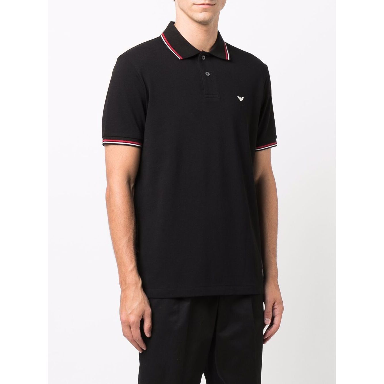 Emporio Armani T-shirts and Polos Black cotton polo shirt with logo print, classic collar, button placket, and short sleeves.