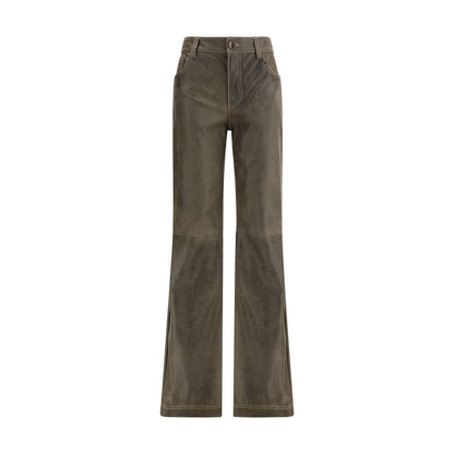 Etro Brown Leather Pants with mid-rise waist, zip-button closure, and five-pocket design for a stylish, regular fit. Composition: 100% Leather.