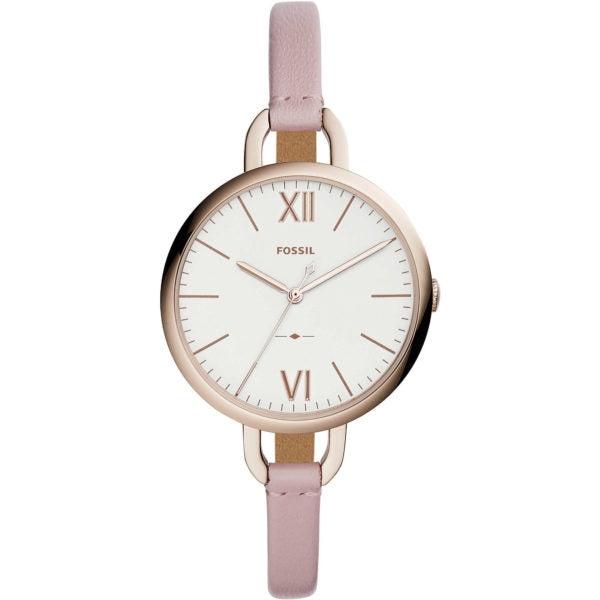 FOSSIL Mod. ANNETTE women's wristwatch with gold stainless steel case, pink leather strap, quartz movement, and 3 ATM water resistance.