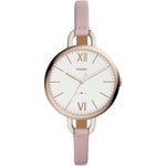 FOSSIL Mod. ANNETTE women's wristwatch with gold stainless steel case, pink leather strap, quartz movement, and 3 ATM water resistance.