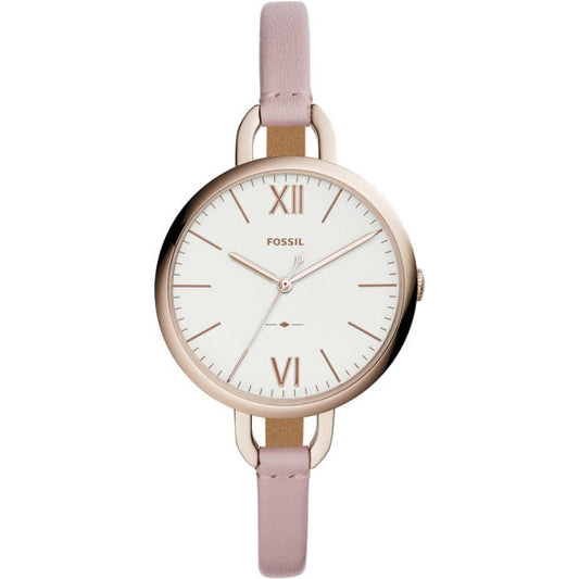 FOSSIL Mod. ANNETTE women's wristwatch with gold stainless steel case, pink leather strap, quartz movement, and 3 ATM water resistance.