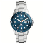 FOSSIL Mod. BLUE DIVE wristwatch with stainless steel strap, 42mm case, quartz movement, and blue dial, water resistant to 10 ATM.