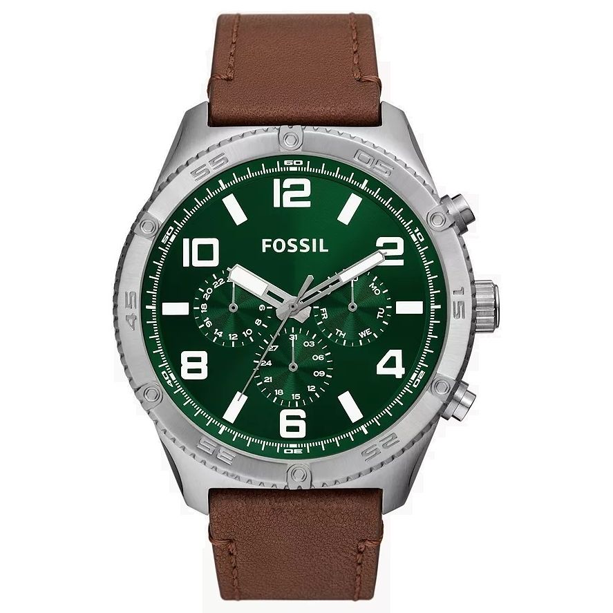 FOSSIL Mod. BROX chronograph wristwatch with green dial, leather strap, stainless steel case, quartz movement, and official packaging.