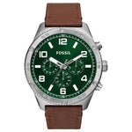 FOSSIL Mod. BROX chronograph wristwatch with green dial, leather strap, stainless steel case, quartz movement, and official packaging.