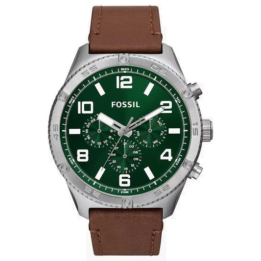 FOSSIL Mod. BROX chronograph wristwatch with green dial, leather strap, stainless steel case, quartz movement, and official packaging.