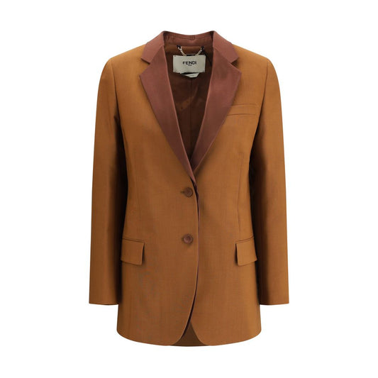 Fendi Brown Wool Blazer with satin lapels, single-breasted button closure, front flap pockets, and decorative sleeve buttons.