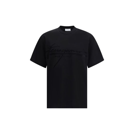 Ferragamo Black Cotton T-Shirt with iconic tone-on-tone signature, ribbed crew neck, and soft cotton fabric for an elegant look.