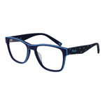 Fila Blue Men Glasses Frame, full-rim blue rectangle design, rubber material, demo lenses, 52-16-140 size, for men with included branded case.