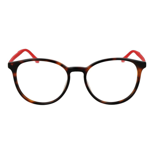 Fila Brown Men Glasses Frame in plastic full-rim style with rectangle shape, size 53-18-145, demo lenses, color brown.