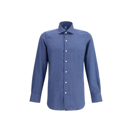 Finamore Blue Cotton Dress Shirt with classic collar and front button closure, suitable for everyday elegance, 100% cotton fabric.