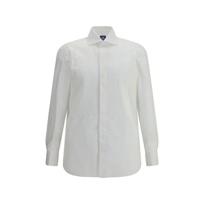 Finamore White Cotton Dress Shirt featuring a French collar and concealed buttons, tailored for formal occasions, regular fit.