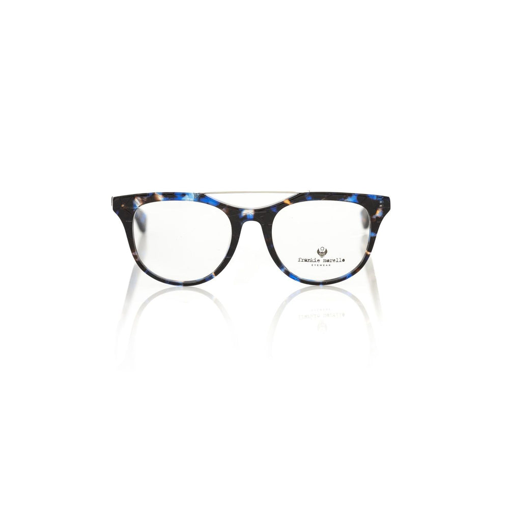 Frankie Morello Blue Acetate Unisex Eyeglass Frame with geometric design, showcasing bold Italian craftsmanship and Blue Havana color.