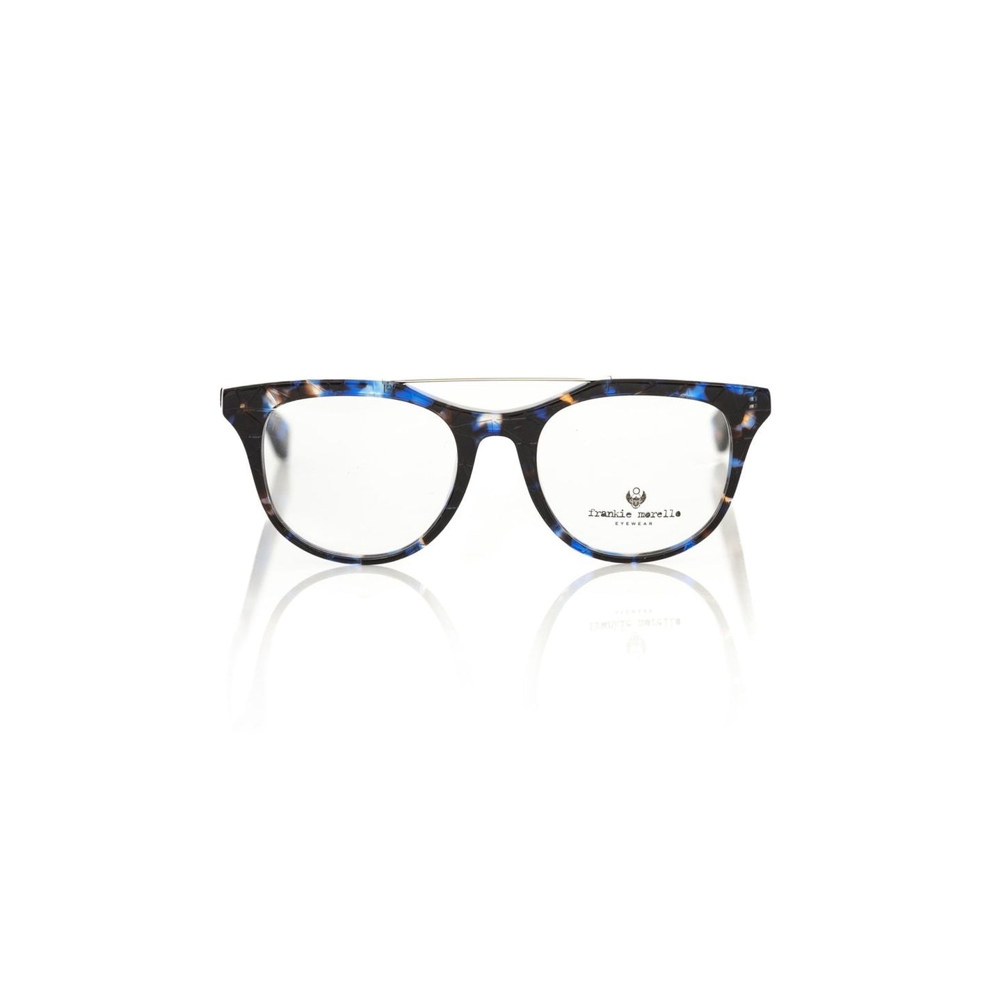 Frankie Morello Blue Acetate Unisex Eyeglass Frame with geometric design, showcasing bold Italian craftsmanship and Blue Havana color.