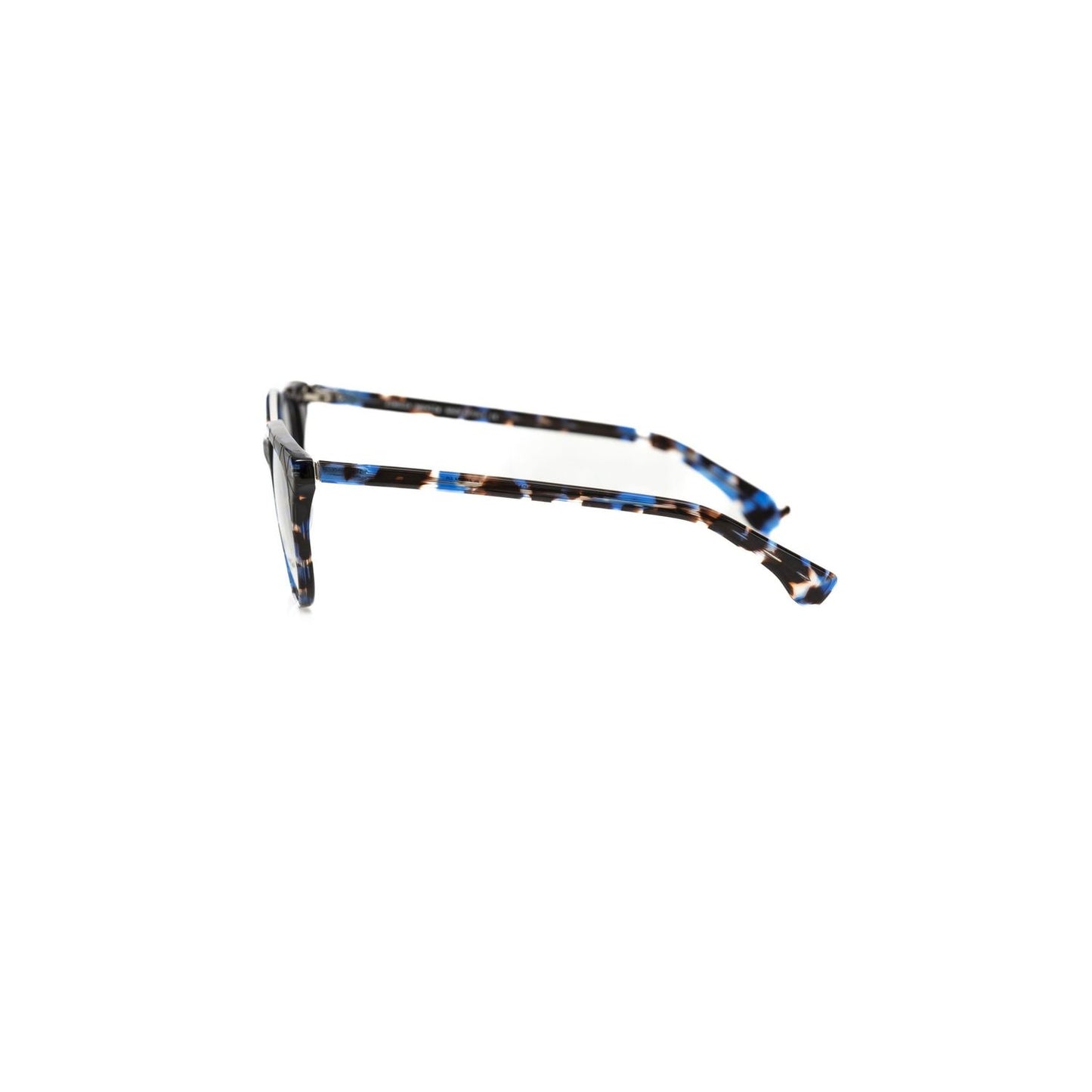 Side view of Frankie Morello Blue Acetate Unisex Eyeglass Frame in Blue Havana, showcasing Italian craftsmanship and bold aesthetic.